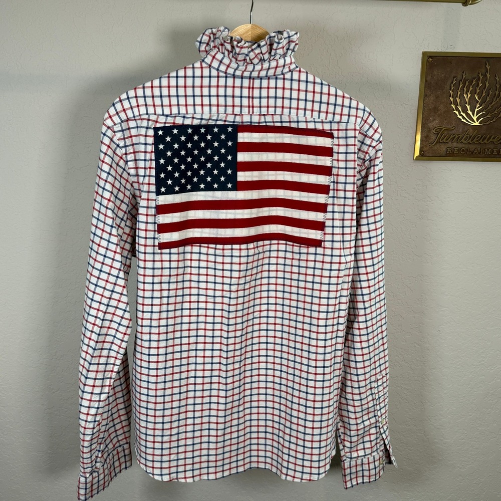 Ralph Lauren Ruffle Collar Tattersall Check American Flag Patch Shirt Womens L - Picture 6 of 10
